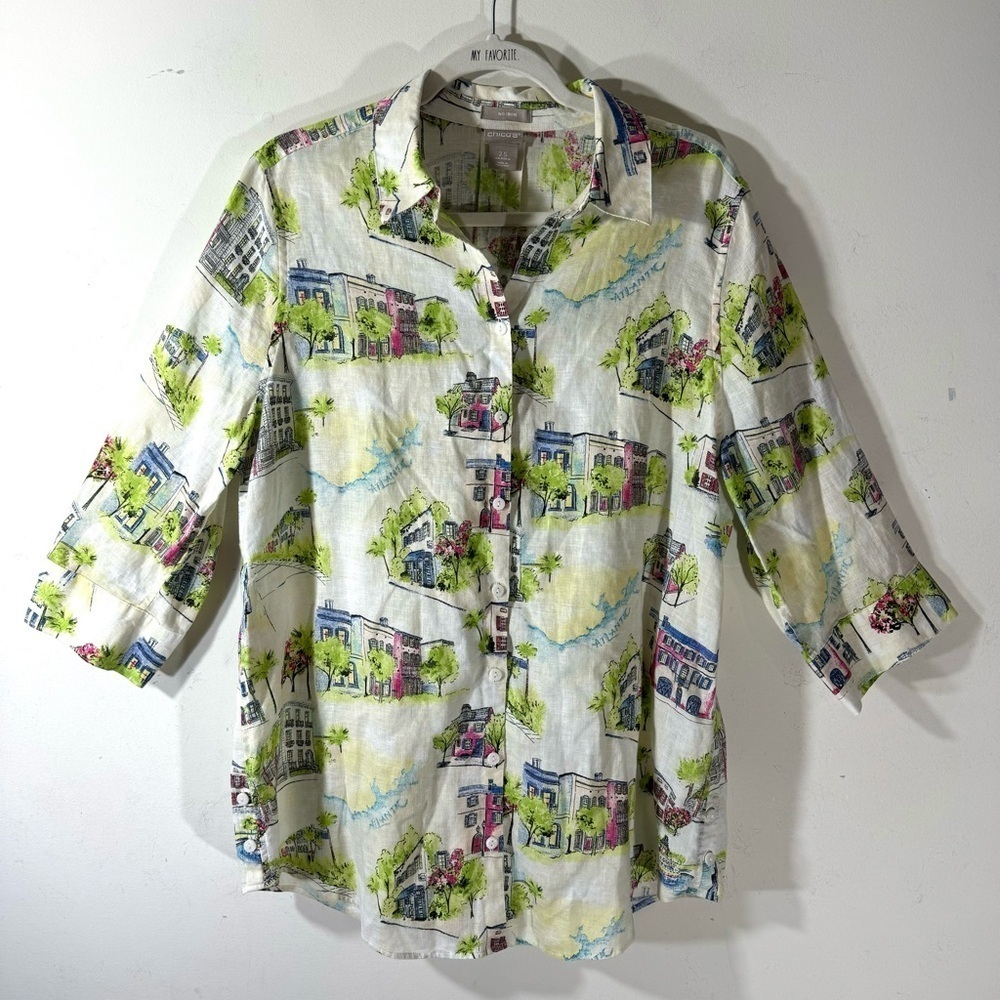 Chico's No Iron Linen Southern Charm Side Button Tunic